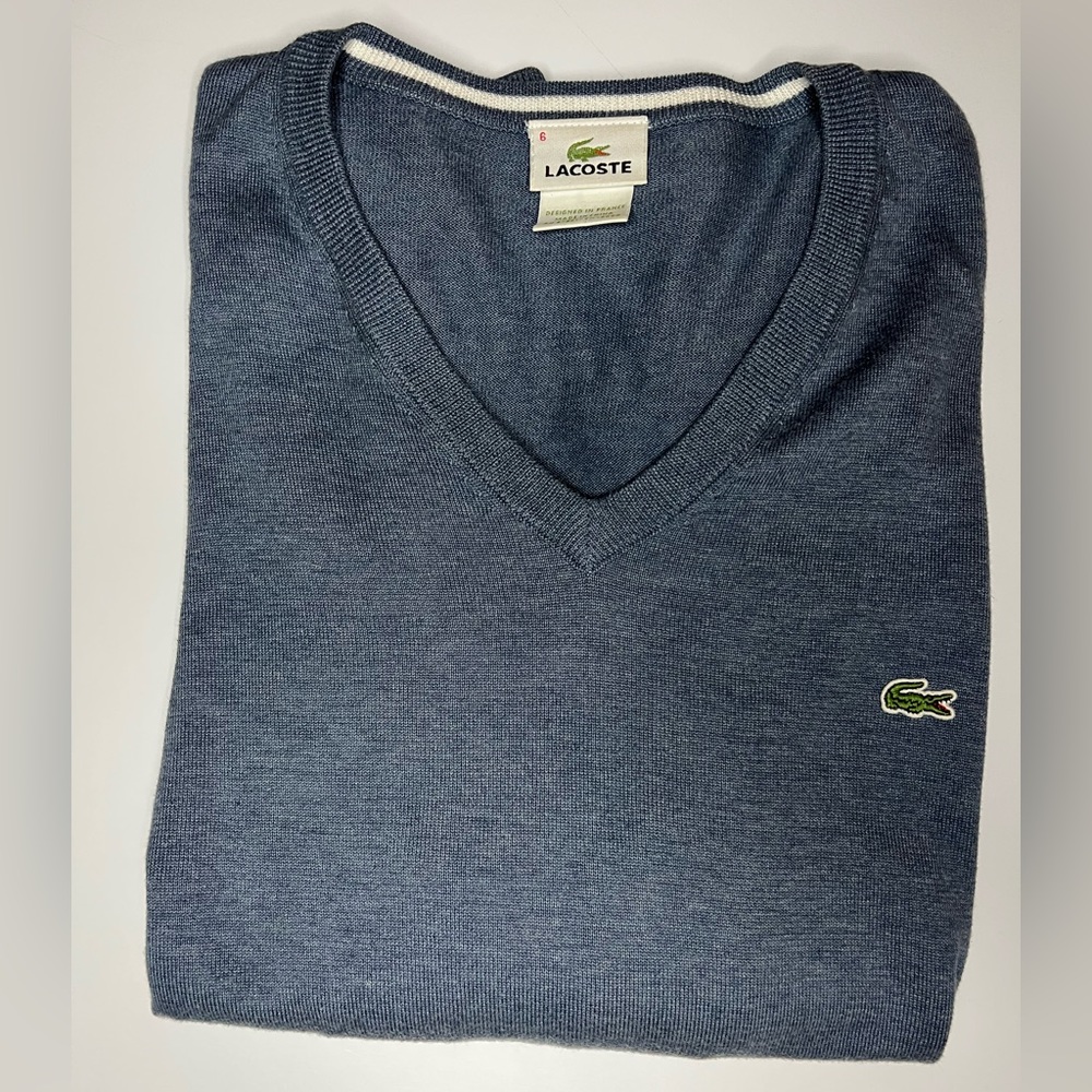 Blue/Grey V-Neck Lacoste Sweater Size 6 EU, Size L US